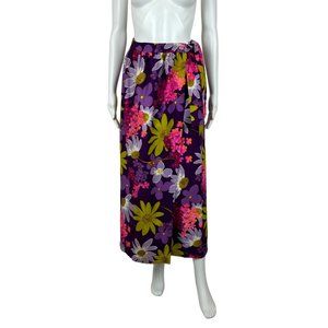 Vintage 70s Floral Skirt Women's Small Purple Barkcloth Wrap Maxi Hippie